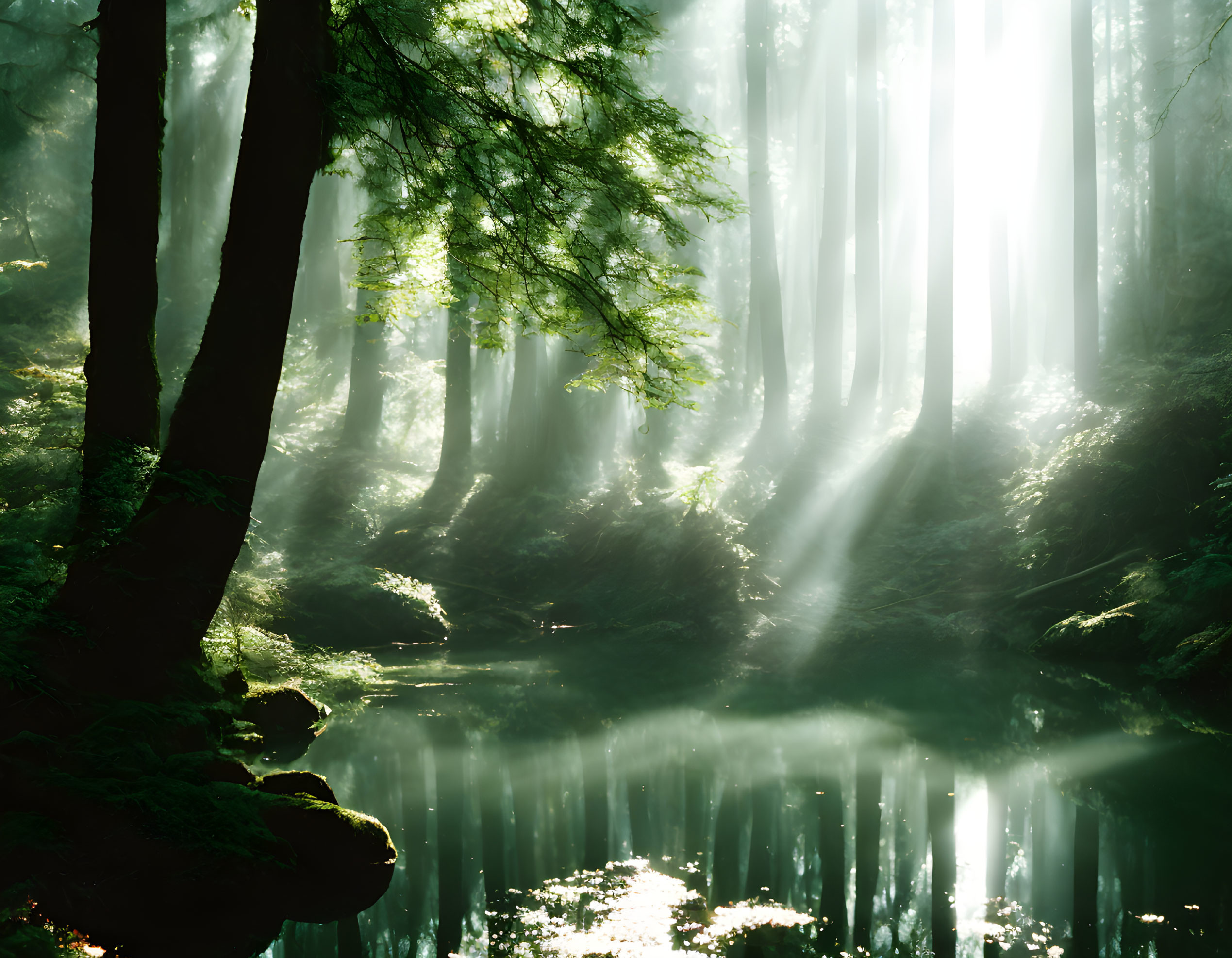 Misty forest with sunbeams and tranquil stream in lush greenery