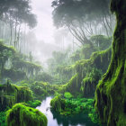 Tranquil jungle scene with mist, greenery, cliffs, and river