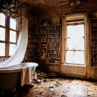 Woman in White Dress Standing by Window in Dilapidated Room with Books and Flying Bird