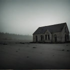 Eerie Landscape with Dilapidated House and Mist