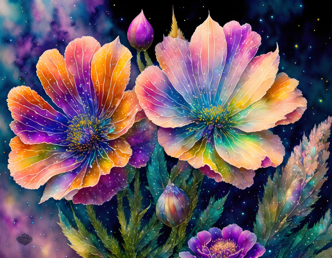 Colorful cosmic flower digital painting with starry background