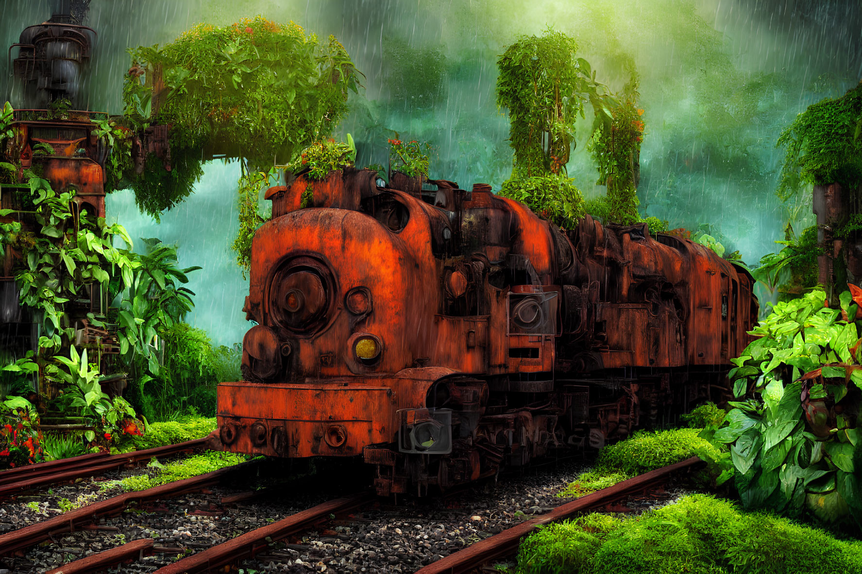 Rusted train in lush, misty green setting