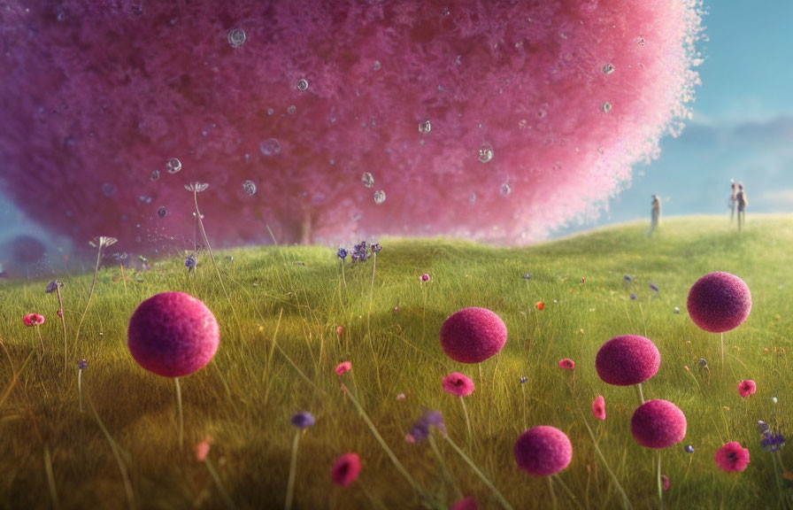 Whimsical landscape with pink fuzzy tree and floating spheres