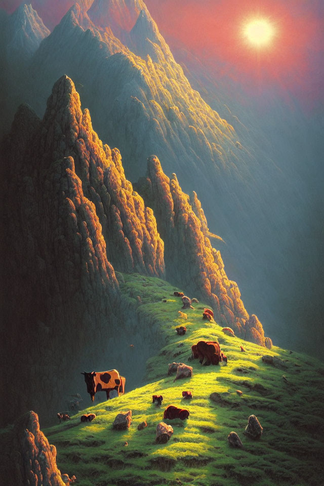 Cows grazing on green hillside with rocky mountains under sunset glow