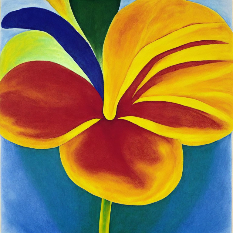 Colorful oversized flower painting with bold yellow and red petals on blue and green backdrop