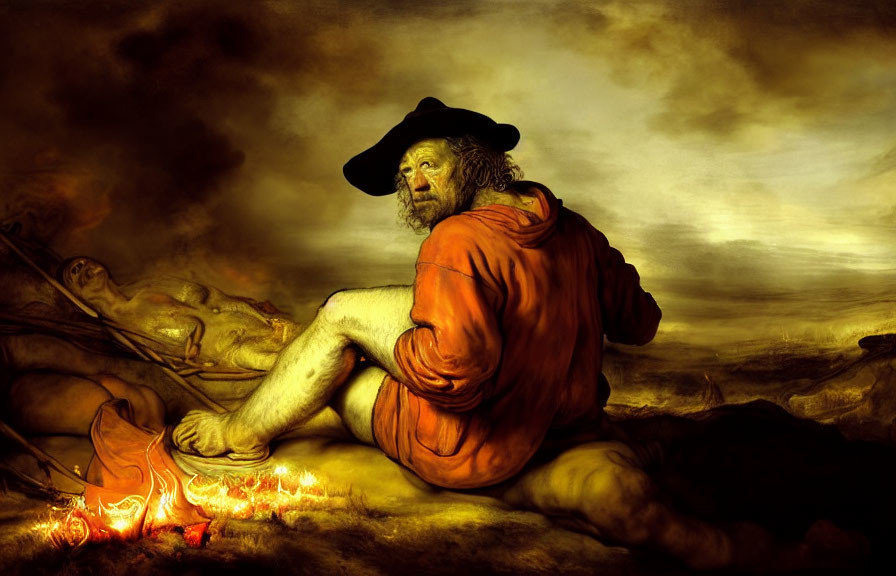 Bearded man in red cloak by fire under dramatic sky