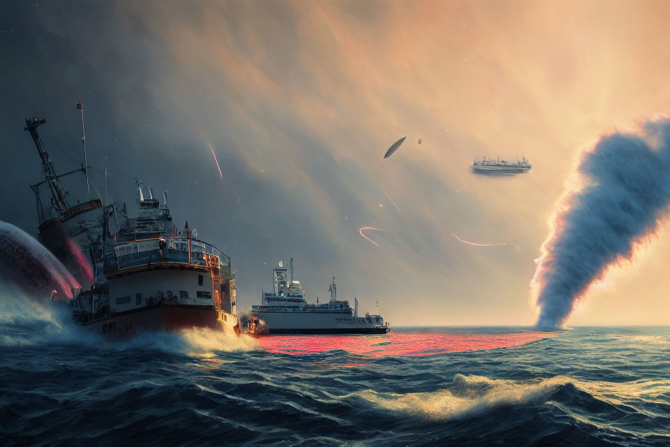 Stormy Seascape with Ships, UFOs, Water Spout, and Dynamic Lighting Reflections