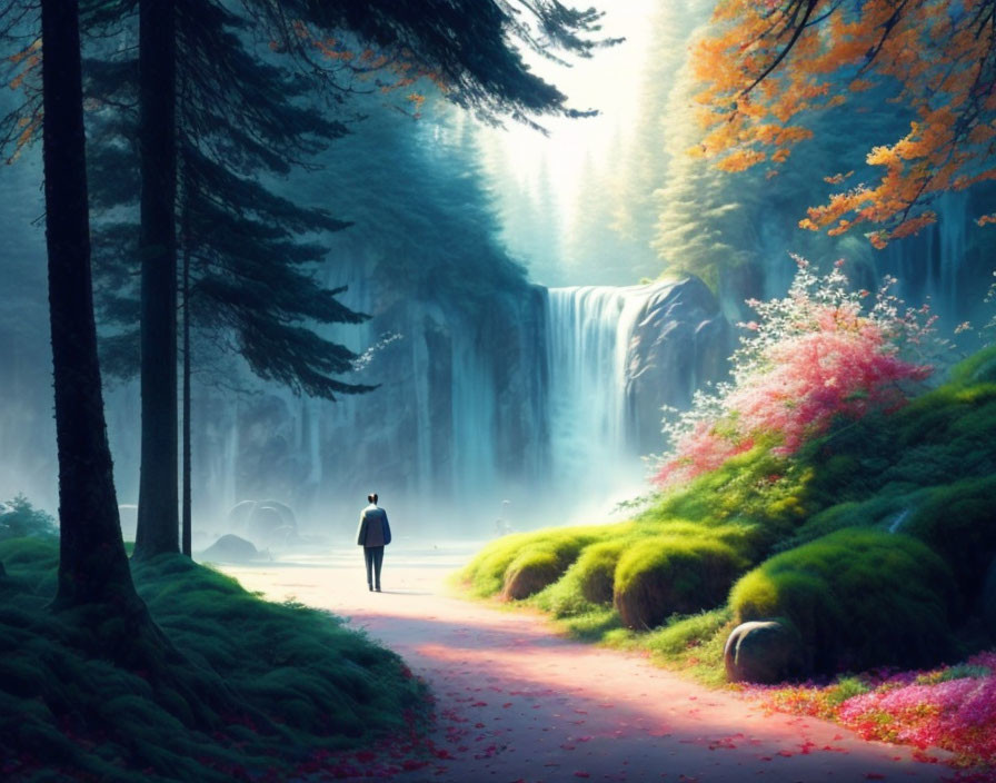 Serene forest path with waterfall, lush greenery, colorful foliage, misty ambiance