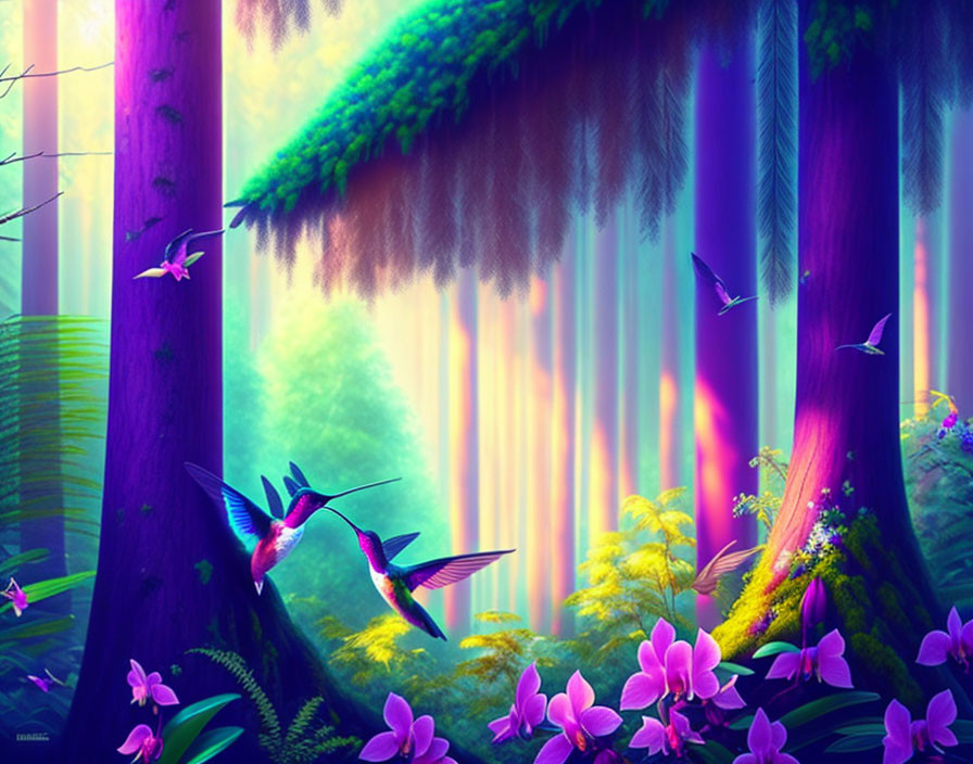 Mystical forest digital art: purple trees, hummingbirds, pink flowers, ethereal light.