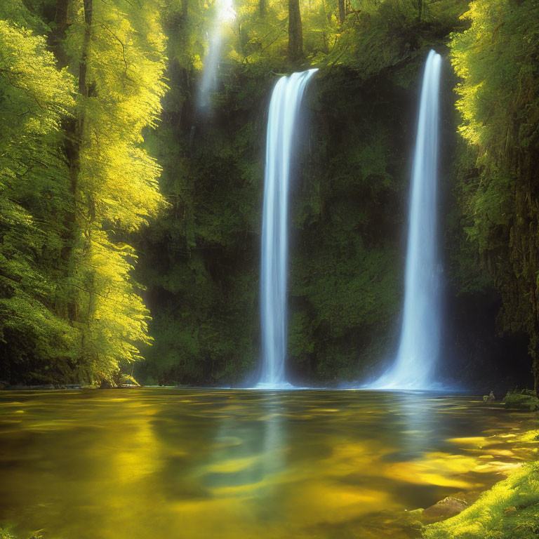 Serene Waterfall Scene with Lush Greenery