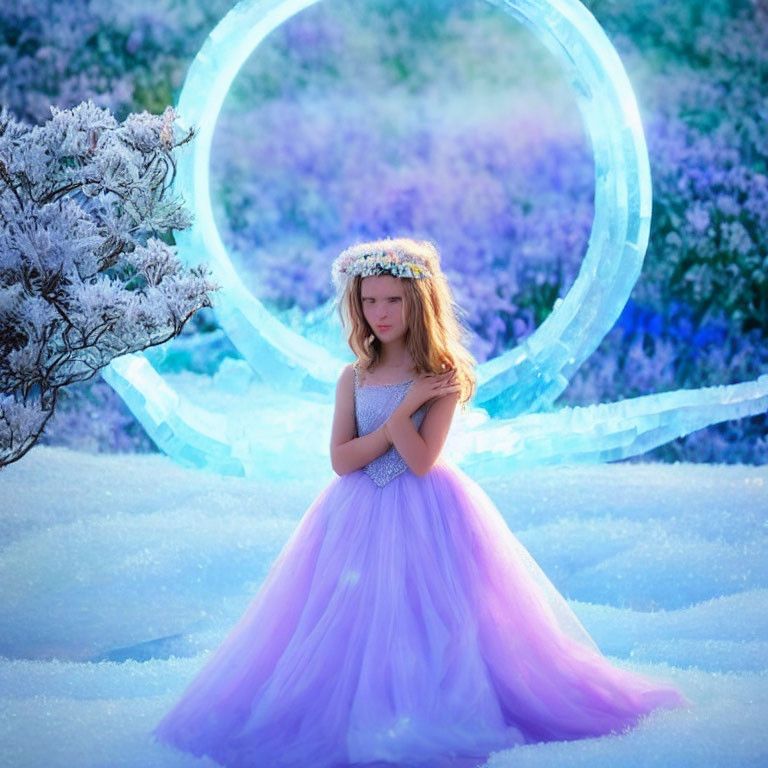 Girl in Purple Gown and Floral Crown Surrounded by Snow and Flowers