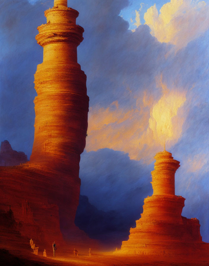 Dramatic Rock Spires Against Blue and Orange Sky