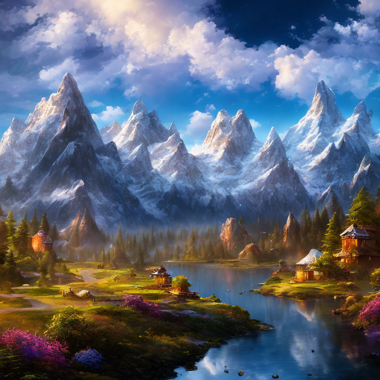 Sharp mountain peaks, serene lake, vibrant flowers, quaint houses under dramatic sky