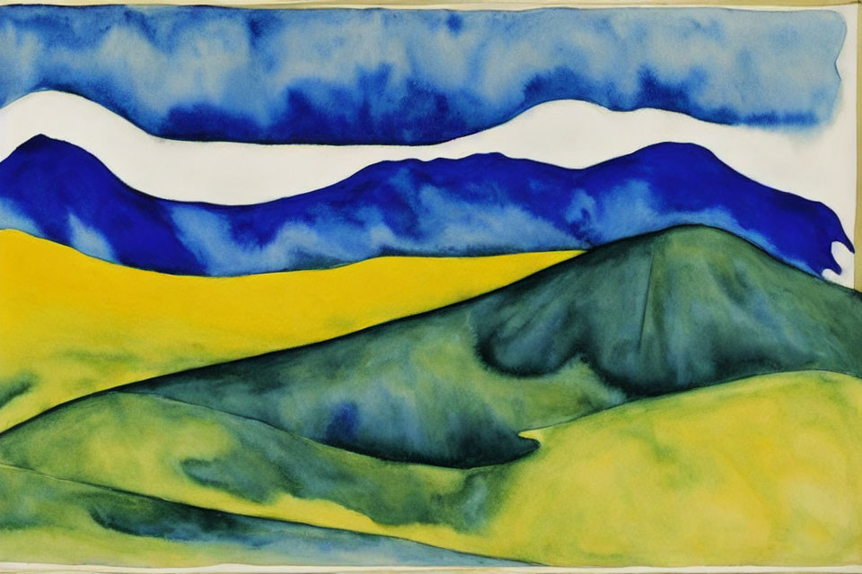 Vibrant abstract landscape with rolling green hills and blue mountains