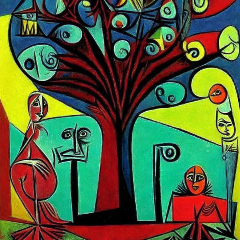 Colorful Abstract Painting: Stylized Tree, Swirling Patterns, Mask-Like Figures