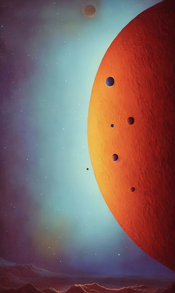 Colorful Space Scene with Red Planet and Moons in Starry Sky