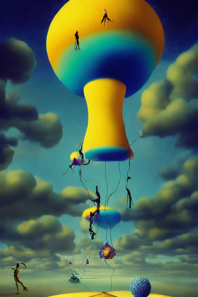 Surreal artwork of people on giant floating hourglass with colorful gradient and smaller hourglass balloons in