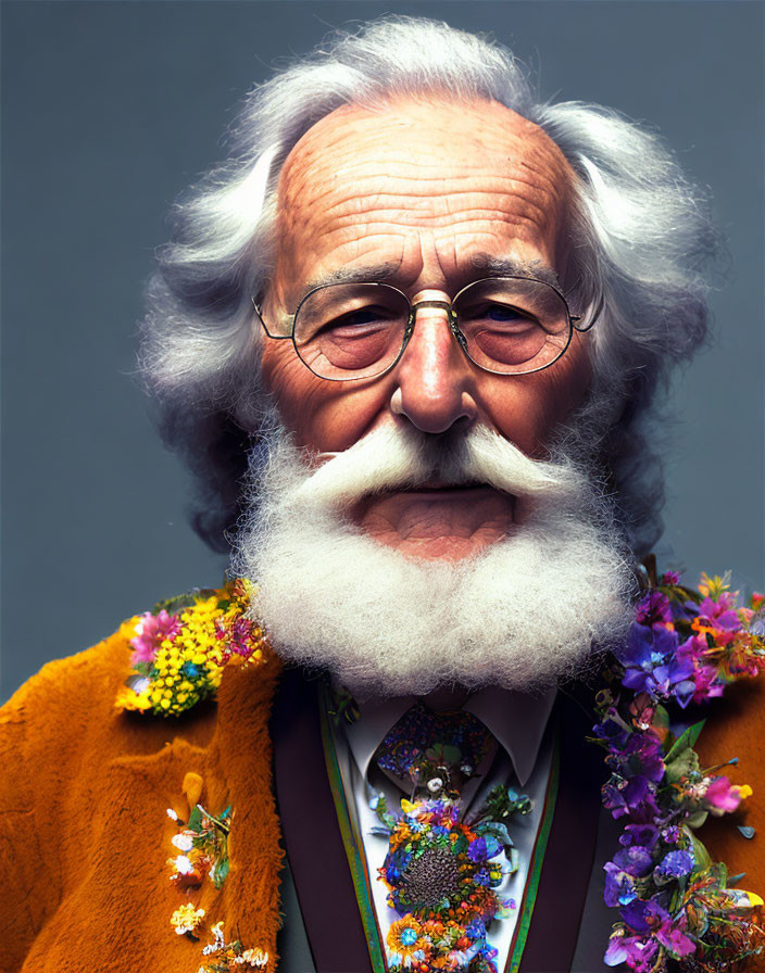 Elderly man with white beard and floral attire smiling on gray background