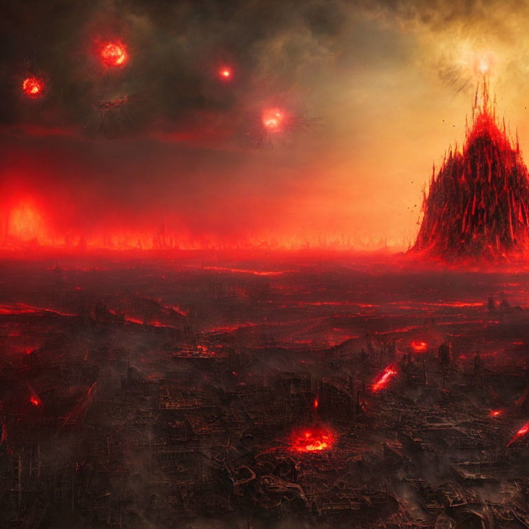 Dystopian landscape with fiery sky, destroyed city, lava flows, and ominous red orbs.