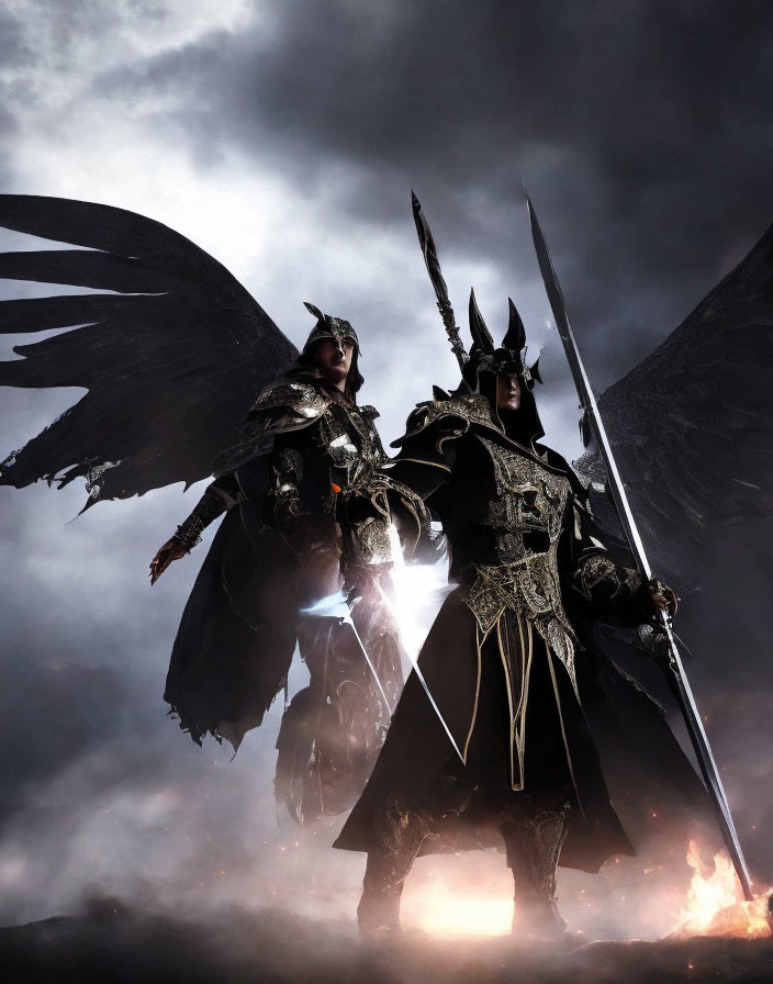 Armored fantasy characters with wings holding a sword in smoky battlefield.