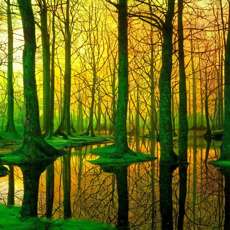 Sunlit mystical swamp with tall trees, green moss, and golden haze