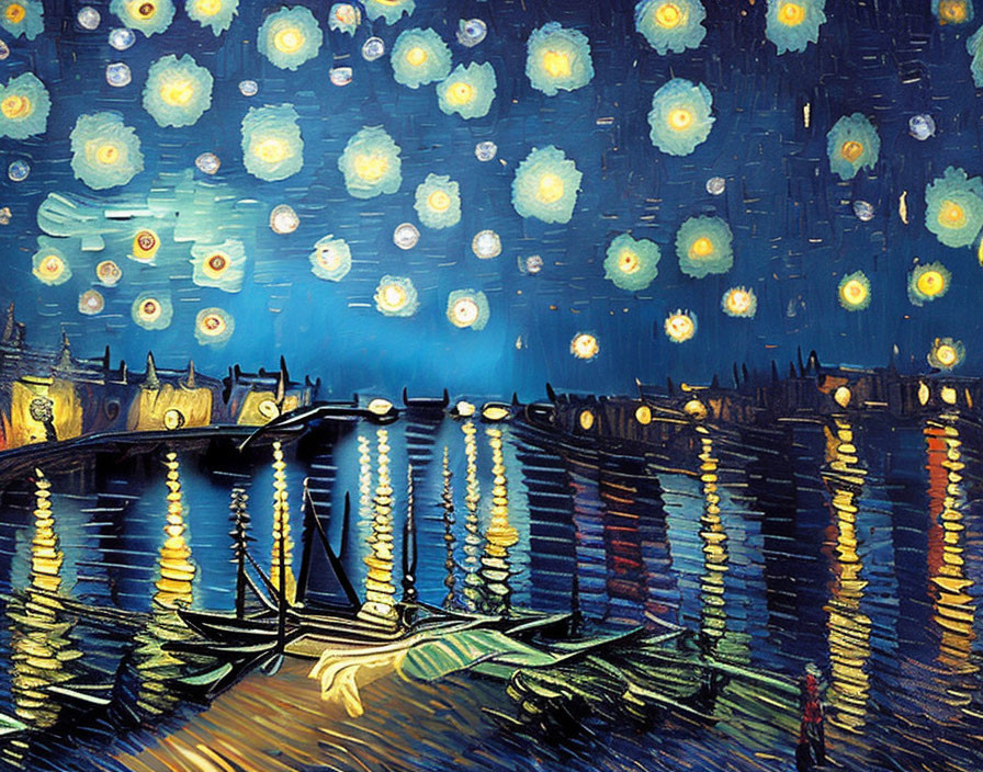 Starry Night Painting: Bridge and River with Vibrant Swirls