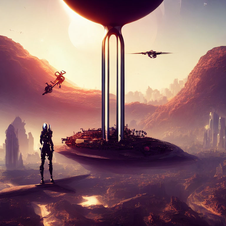 Futuristic landscape with figure in spacesuit overlooking floating city and mountains under warm sky