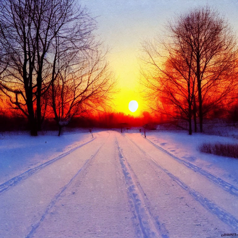 Colorful sunset over snowy landscape with bare trees and path.