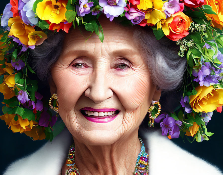 Elderly woman in floral wreath and elegant attire on dark background