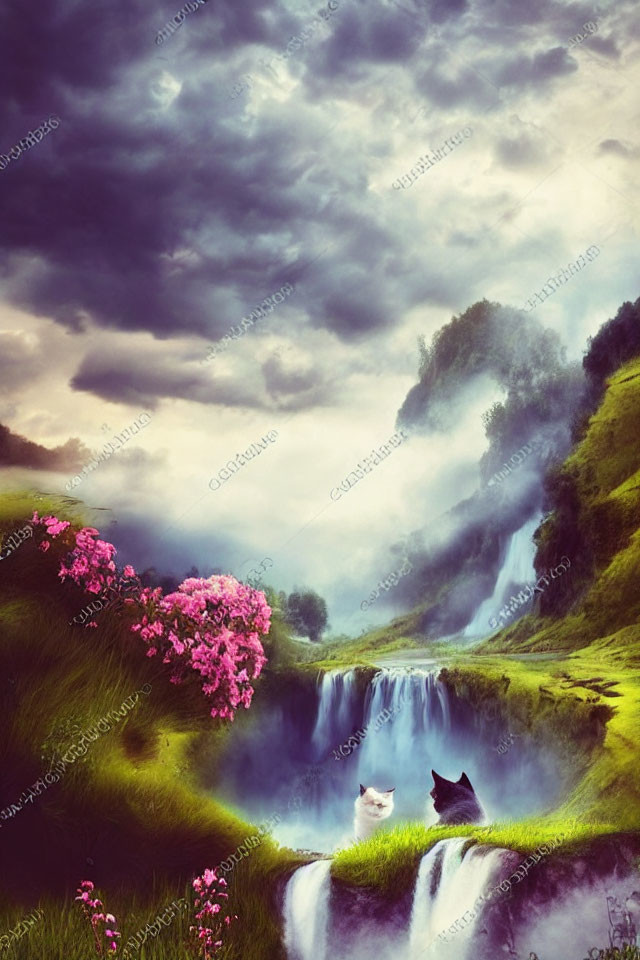 Mystical landscape with waterfall, pink flowers, and foggy atmosphere