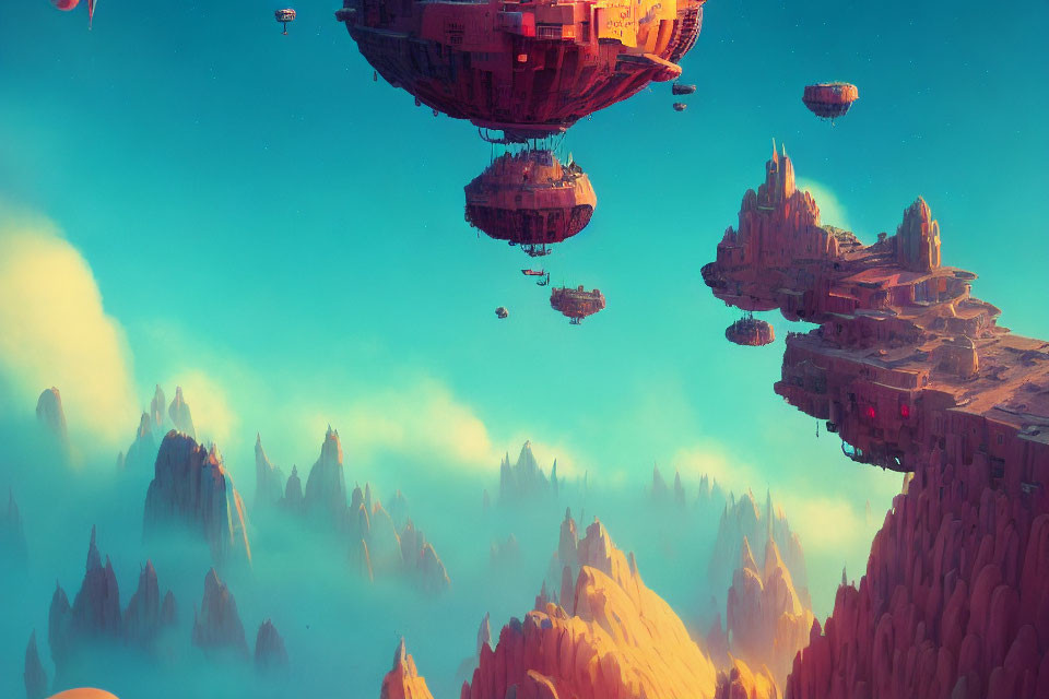 Fantastical landscape with floating islands and rock formations under teal and orange sky