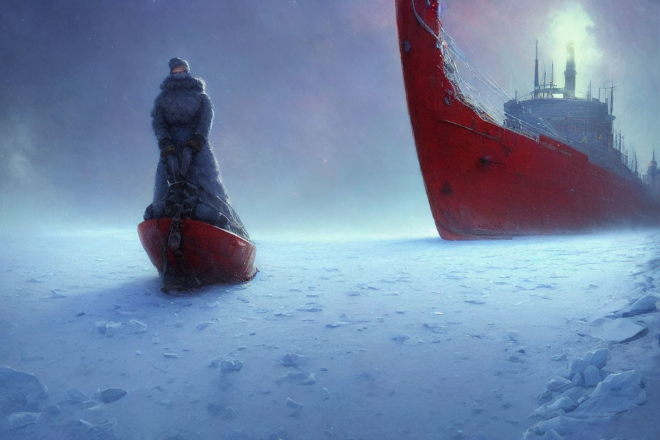 Person in Winter Clothing by Large Red Ship in Icy Terrain