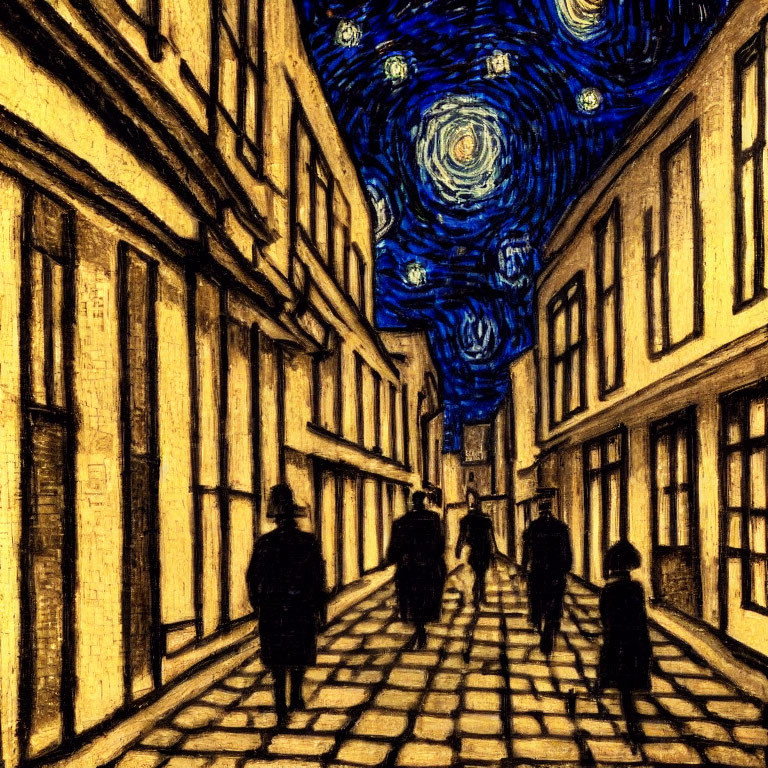 Night scene of people on quaint street under starry sky.