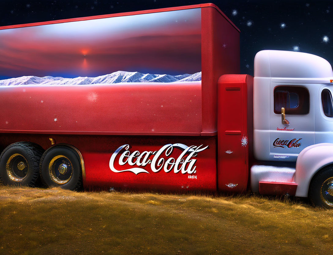 Branded Coca-Cola truck with mountain mural under starry sky