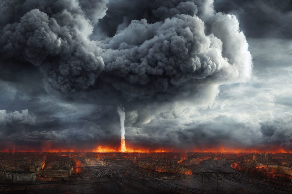 Volcanic eruption with massive ash clouds above fiery landscape