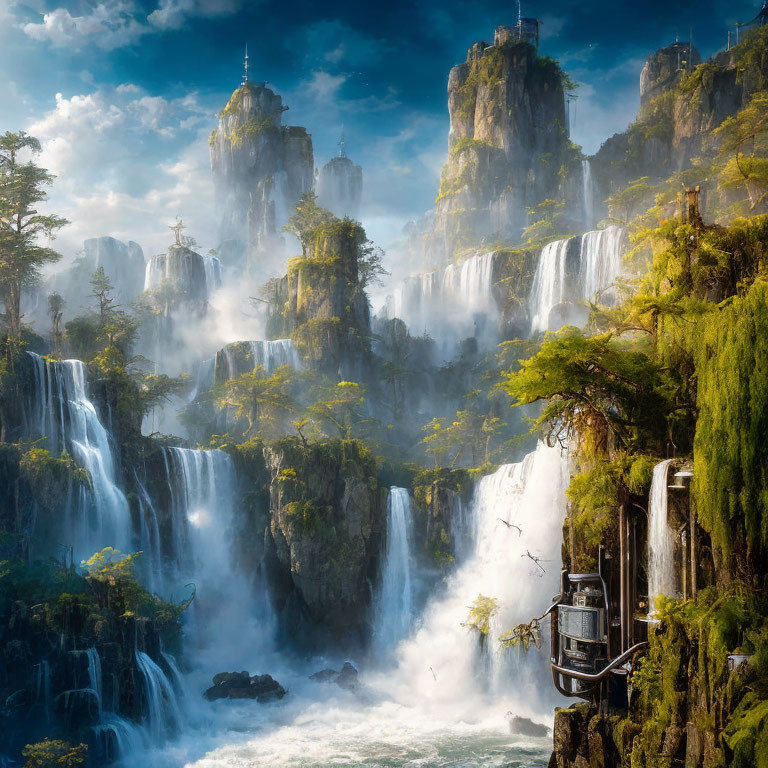 Majestic rock pillars, cascading waterfalls, lush greenery, and a cable car.