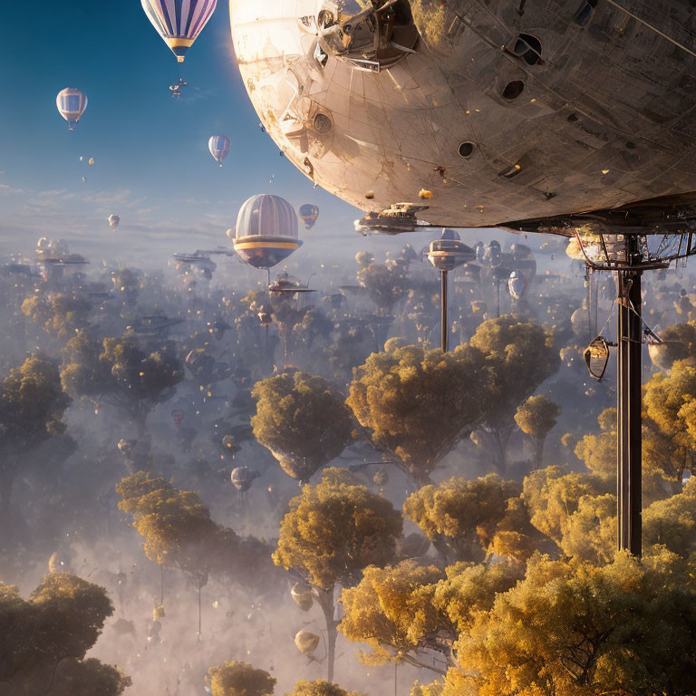 Fantastical hot air balloons and futuristic airship in misty golden-hour scene