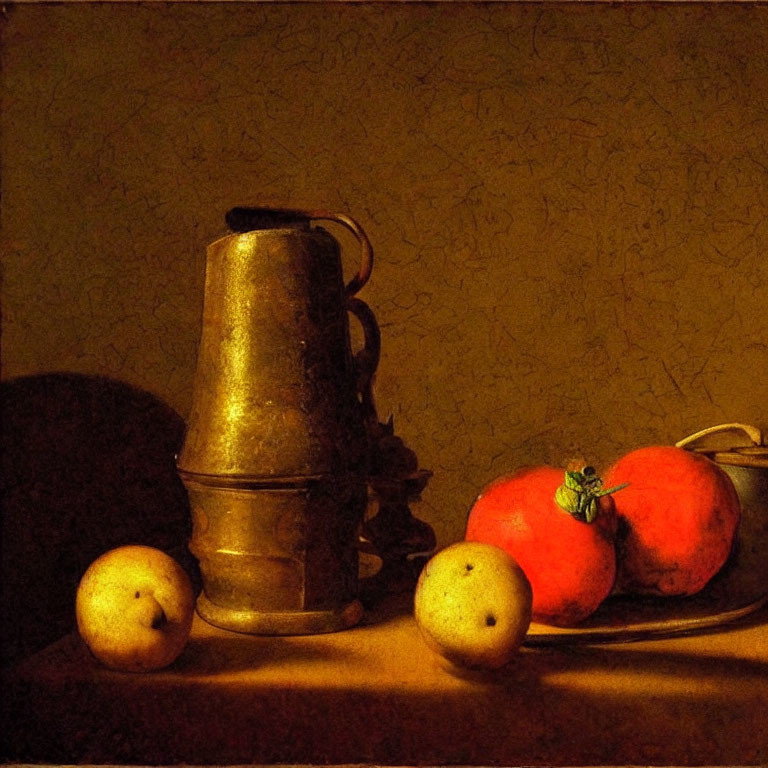 Metallic pitcher, apples, and tomatoes on dark textured background