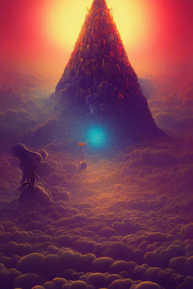 Majestic mountain landscape with glowing orb and tiny figures