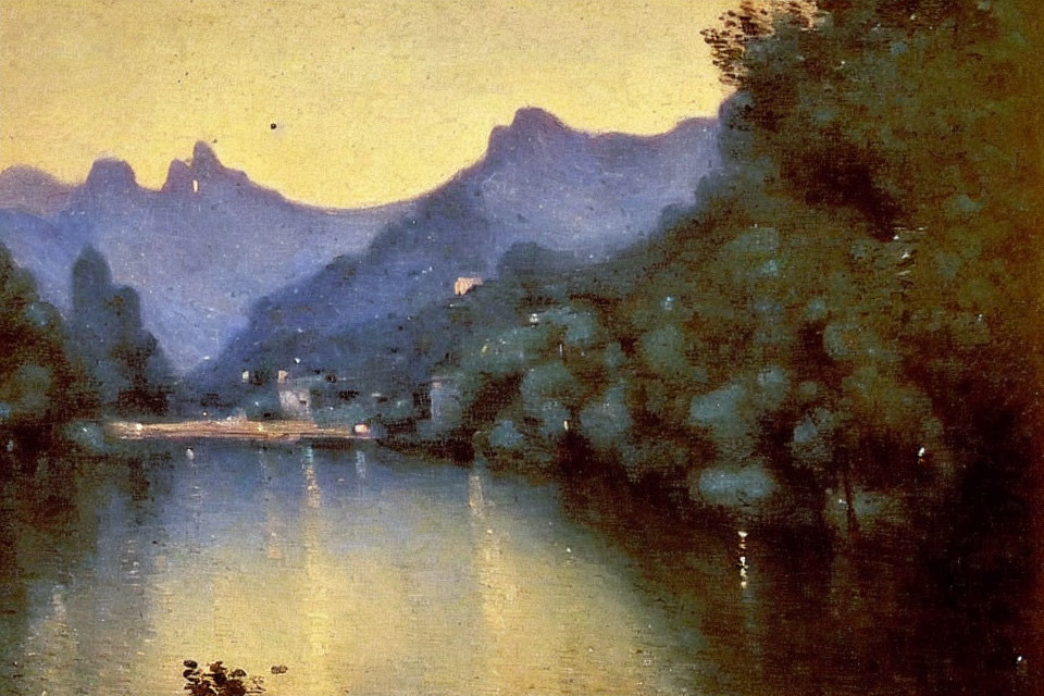 Serene twilight landscape with mountains, lake, and lush trees