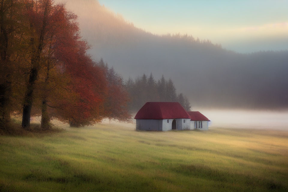 Autumn landscape with two white houses in misty meadow