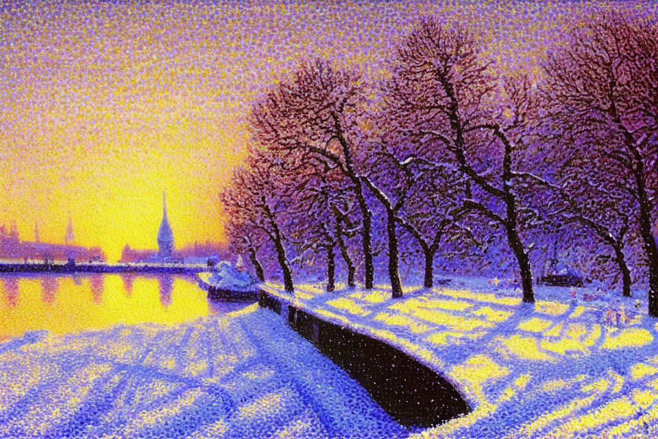 Colorful Pointillist Winter Riverside Scene with Trees and Church Spire