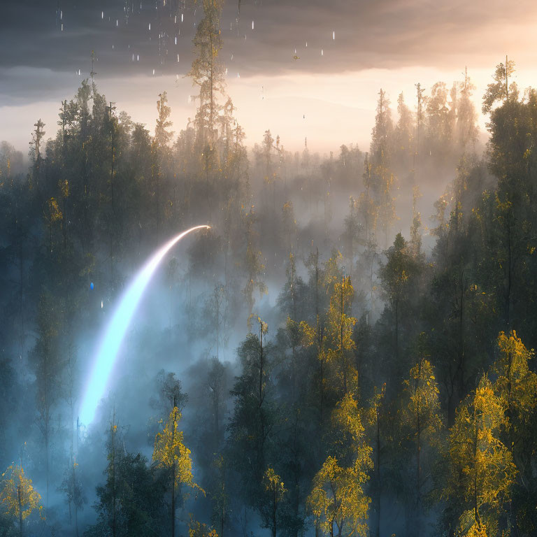 Sunrise misty forest with glowing arc and light rays