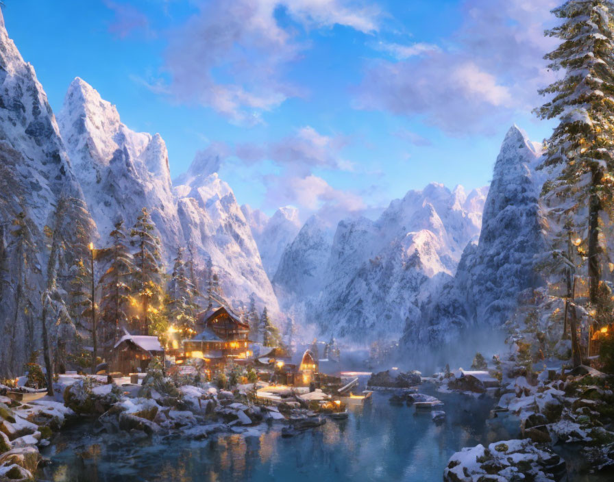 Snow-covered mountains, river, illuminated houses, pine trees in serene winter landscape