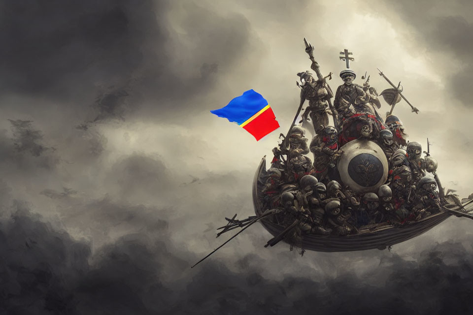 Fantasy armored vessel with blue and red flag in stormy sky