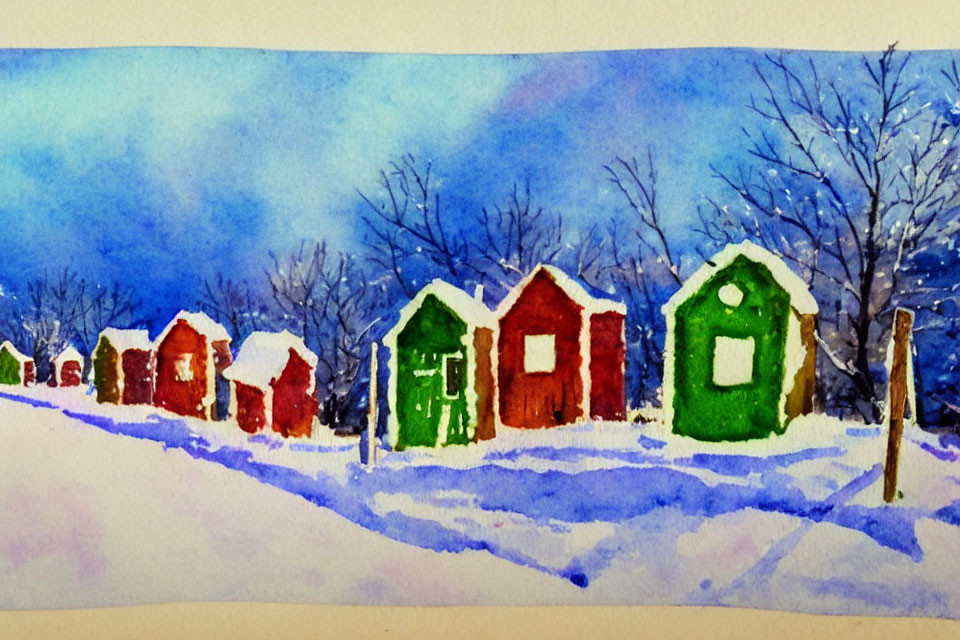 Vibrant row of houses with snowy rooftops in watercolor art