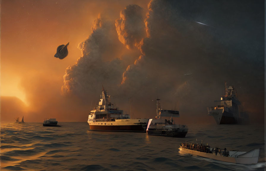 Dramatic seascape with ships, fiery sky, smoke plumes, meteor, and ominous planet