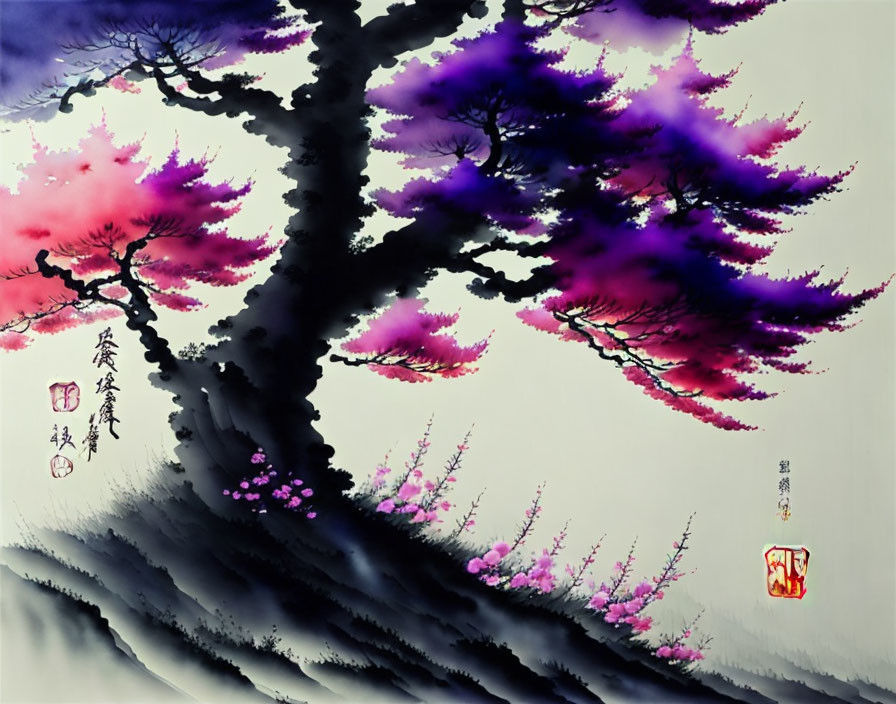 Asian-style Painting of Vibrant Pink and Purple Tree with Calligraphy and Red Seals