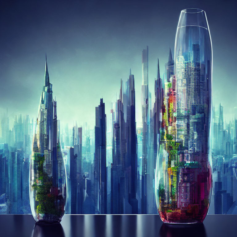 Futuristic terrarium-like structures with miniature cities against urban skyline