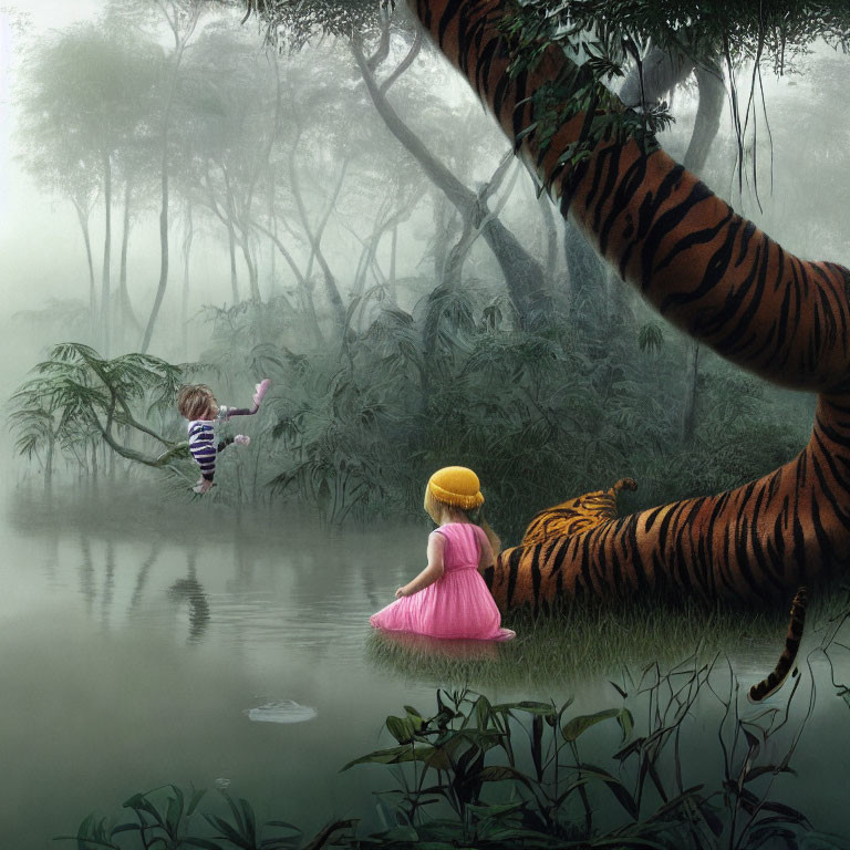 Child in pink dress watches silhouette swing over water with tiger in misty forest